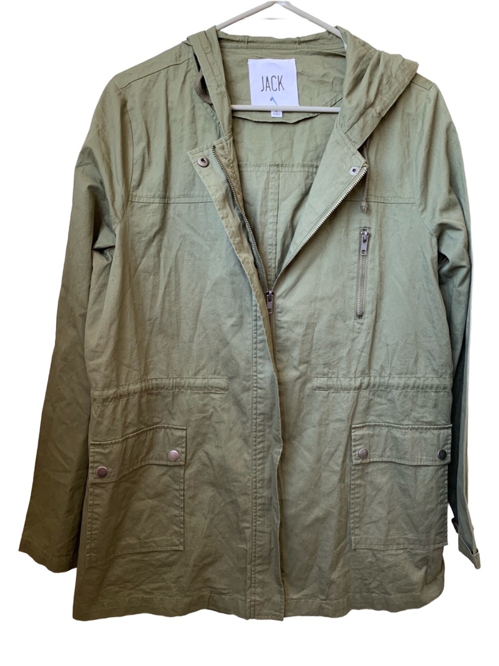 JACK Women’s Olive Green Zipper Front Lightweight Cotton Hooded Anorak Jacket